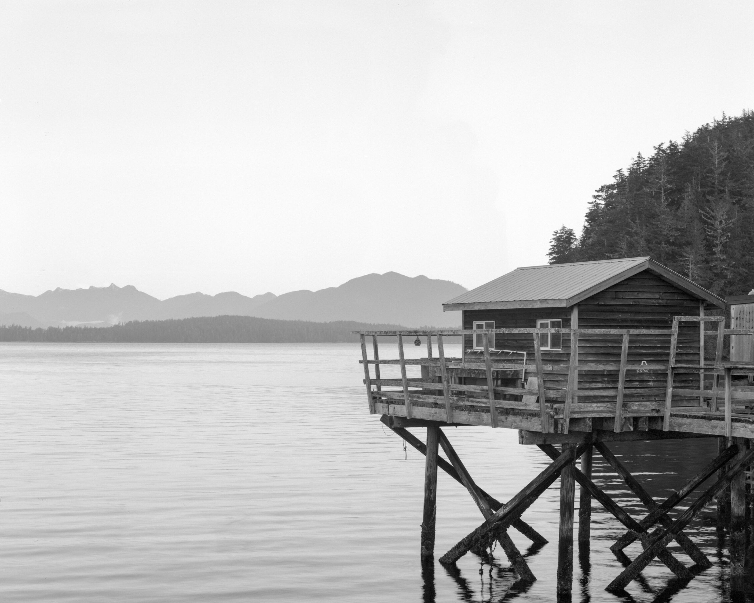 Black and white large-format film photograph of a stilt house over calm water in Bamfield